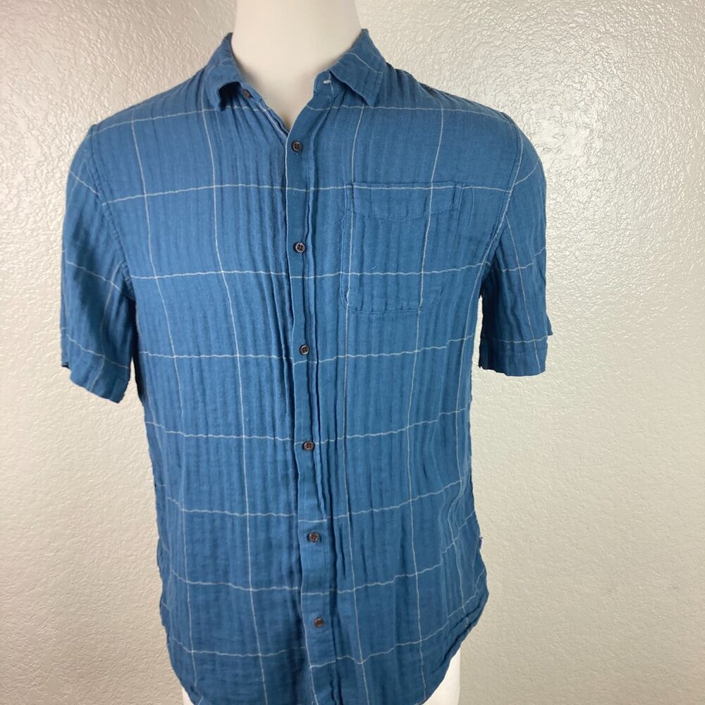 Katin Men's Monty Button-up Blue & White Plaid Short CottonLinen Shirt Sz XL